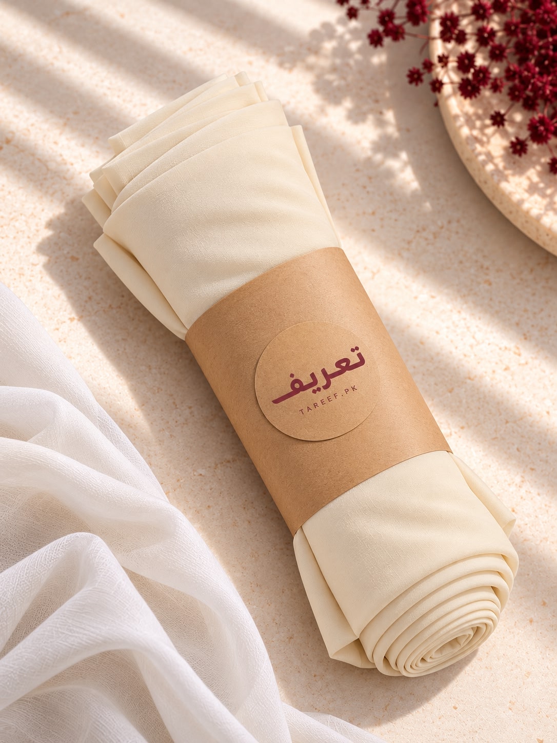 A rolled cream-colored hijab wrapped in a brown kraft paper band with a circular 'TAREEF'.