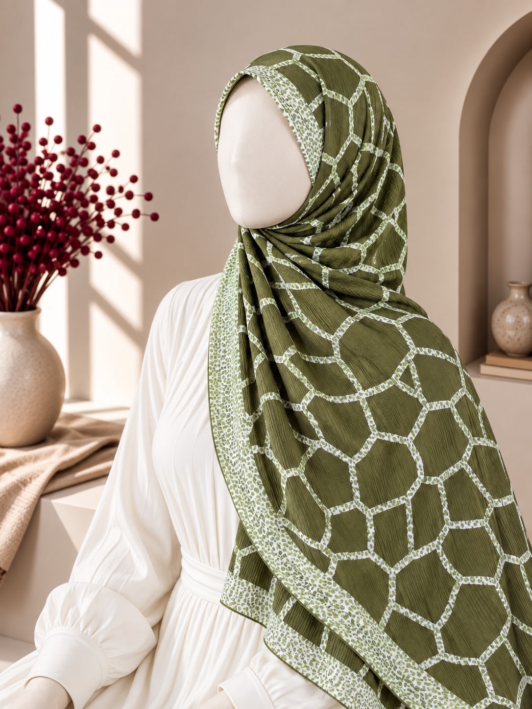 An olive green hijab with a white geometric lattice pattern and a matching patterned border, styled on a mannequin wearing a white dress in a warm, sunlit interior setting.