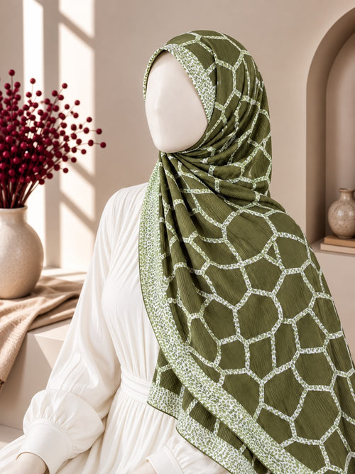 Crinkle Printed Hijab – Olive Green