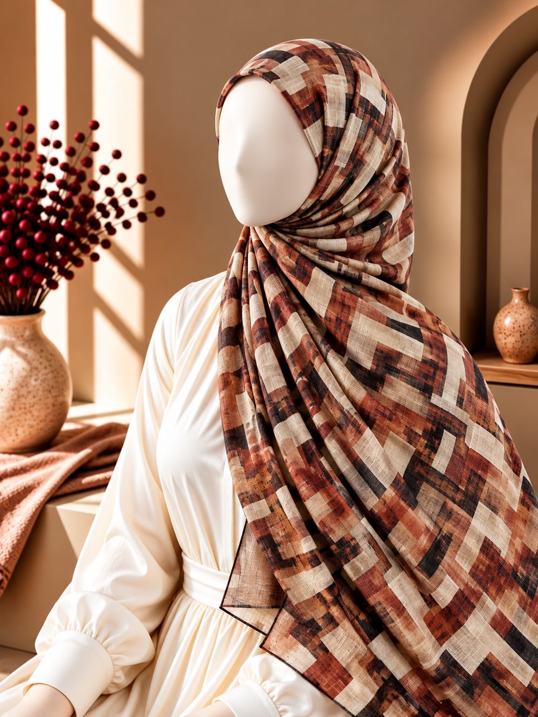 A mannequin wearing a cream-colored dress and a patterned hijab in earthy tones of brown, rust, beige, and black. The mannequin is posed in a warm, sunlit interior setting with decorative vases.
