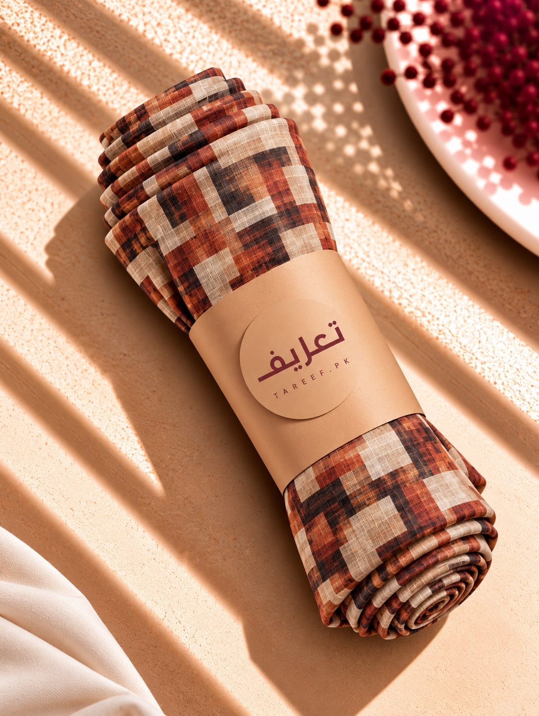 A rolled hijab wrap with a plaid pattern in rust orange, brown, beige, and black, wrapped in a tan paper band with the brand name 'TAREEf' set on a textured beige surface with diagonal shadows.