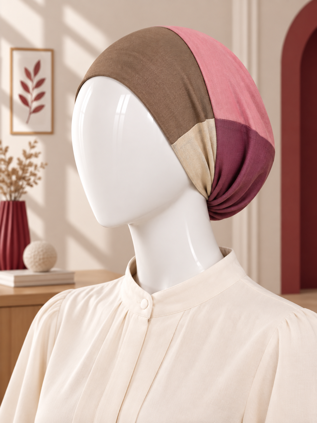 A color-blocked hijab tube displayed on a white mannequin head. The hijab tube features four color panels: a wide brown band, a dusty pink section, a beige stripe, and a deep plum purple section.