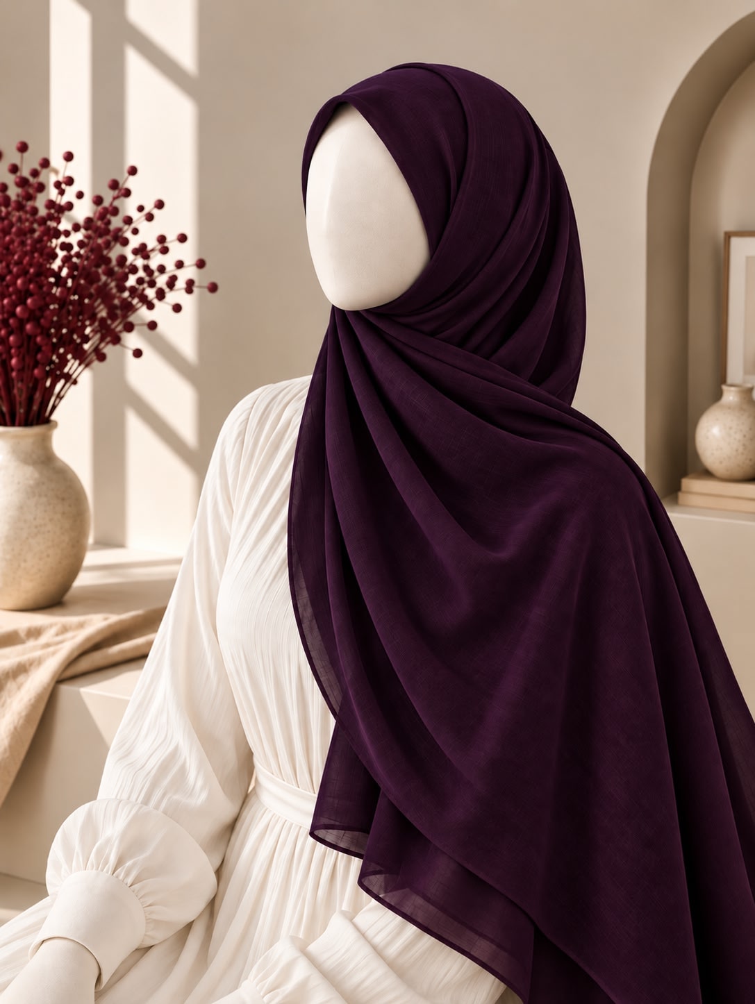 A deep plum purple hijab draped elegantly over a white mannequin dress in a softly lit, warm interior setting.