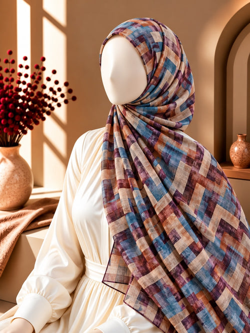 Geometric Printed Lawn Hijab – Purple & Blue