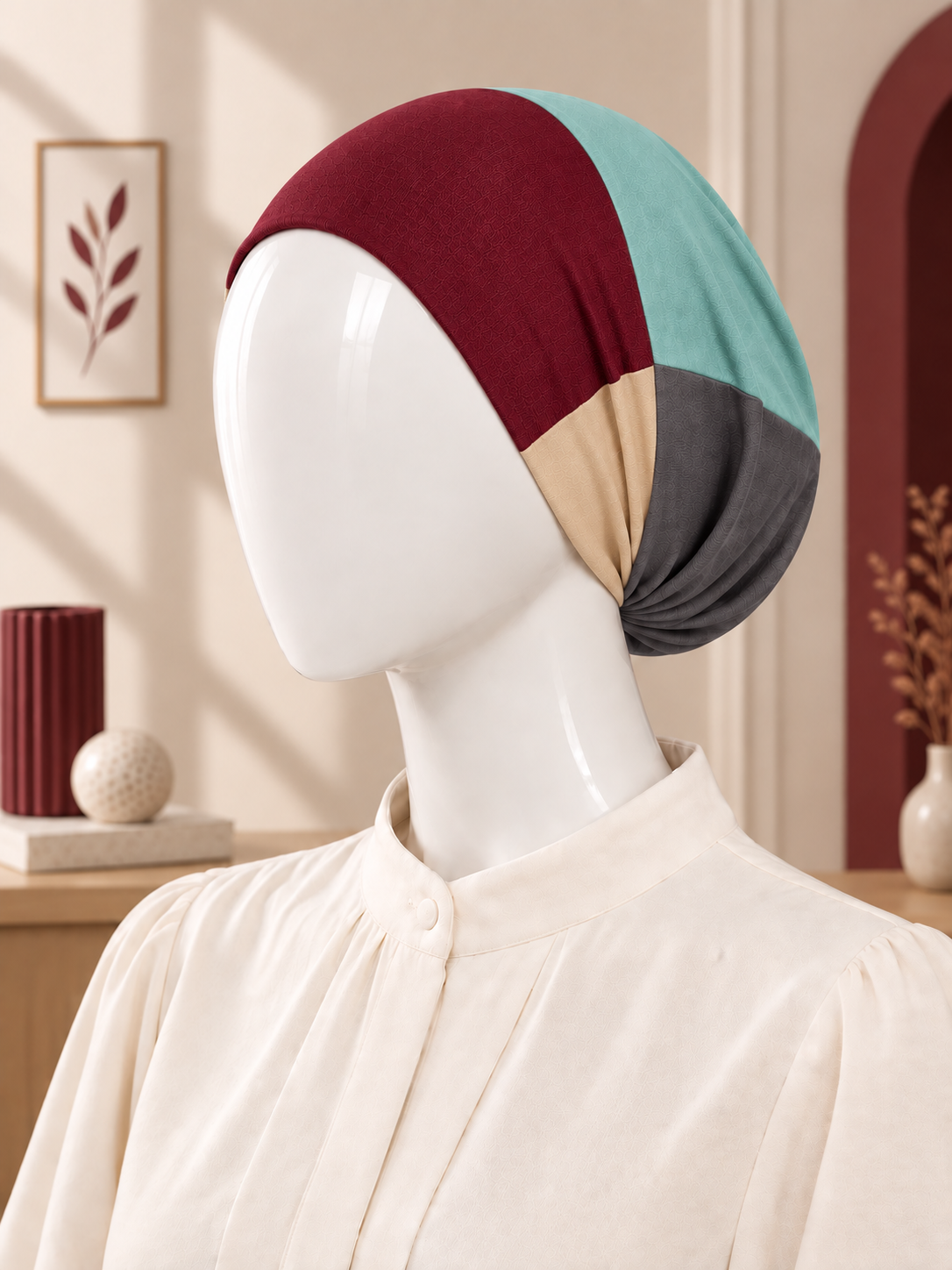 A color-blocked hijab tube displayed on a white mannequin head wearing a cream blouse. The hijab tube features four color panels: burgundy, light teal, beige, and dark gray.