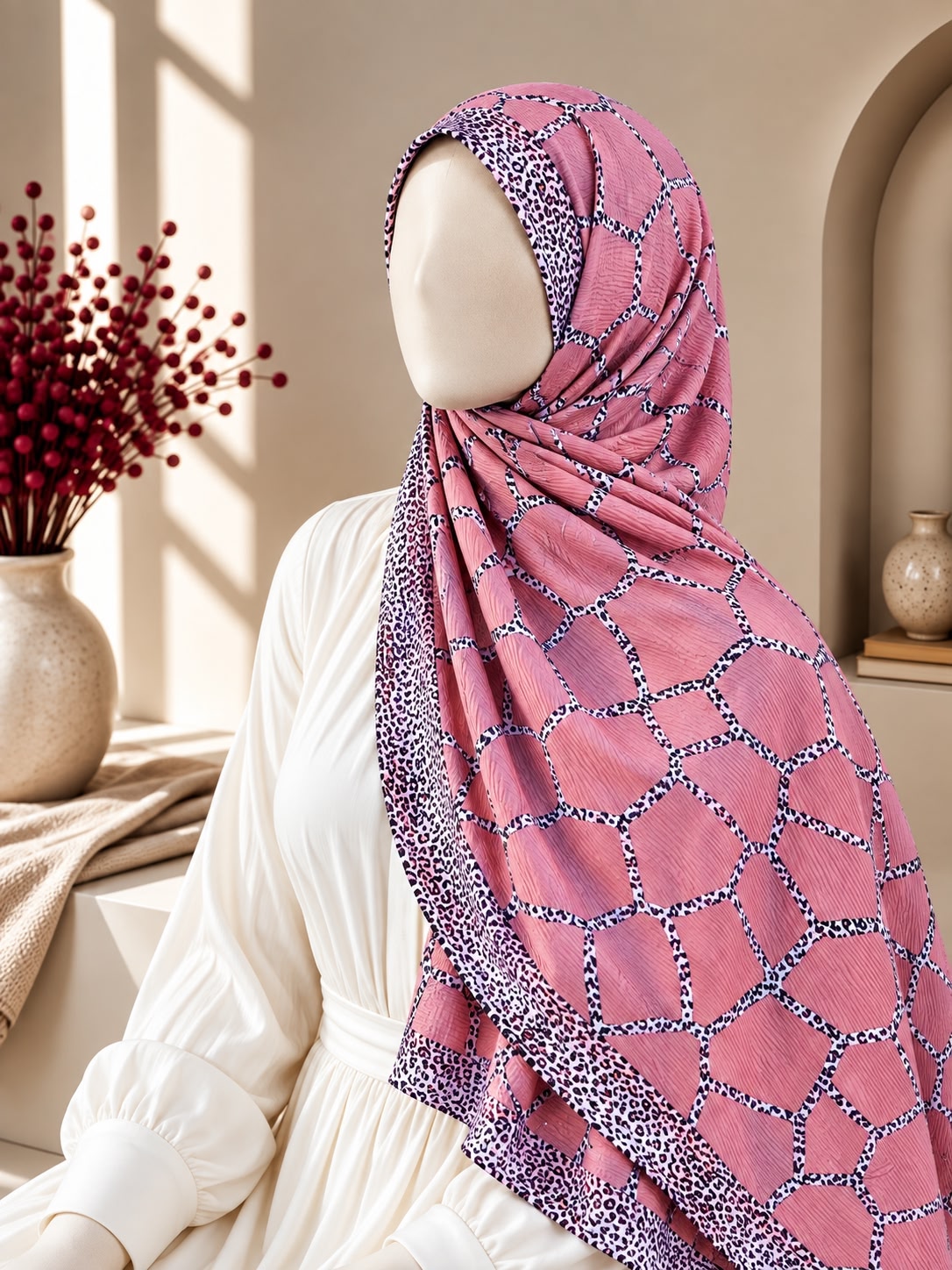 A pink patterned hijab draped on a mannequin wearing a white dress, set in a warm, sunlit interior with decorative red berries in a vase and a beige wall arch.