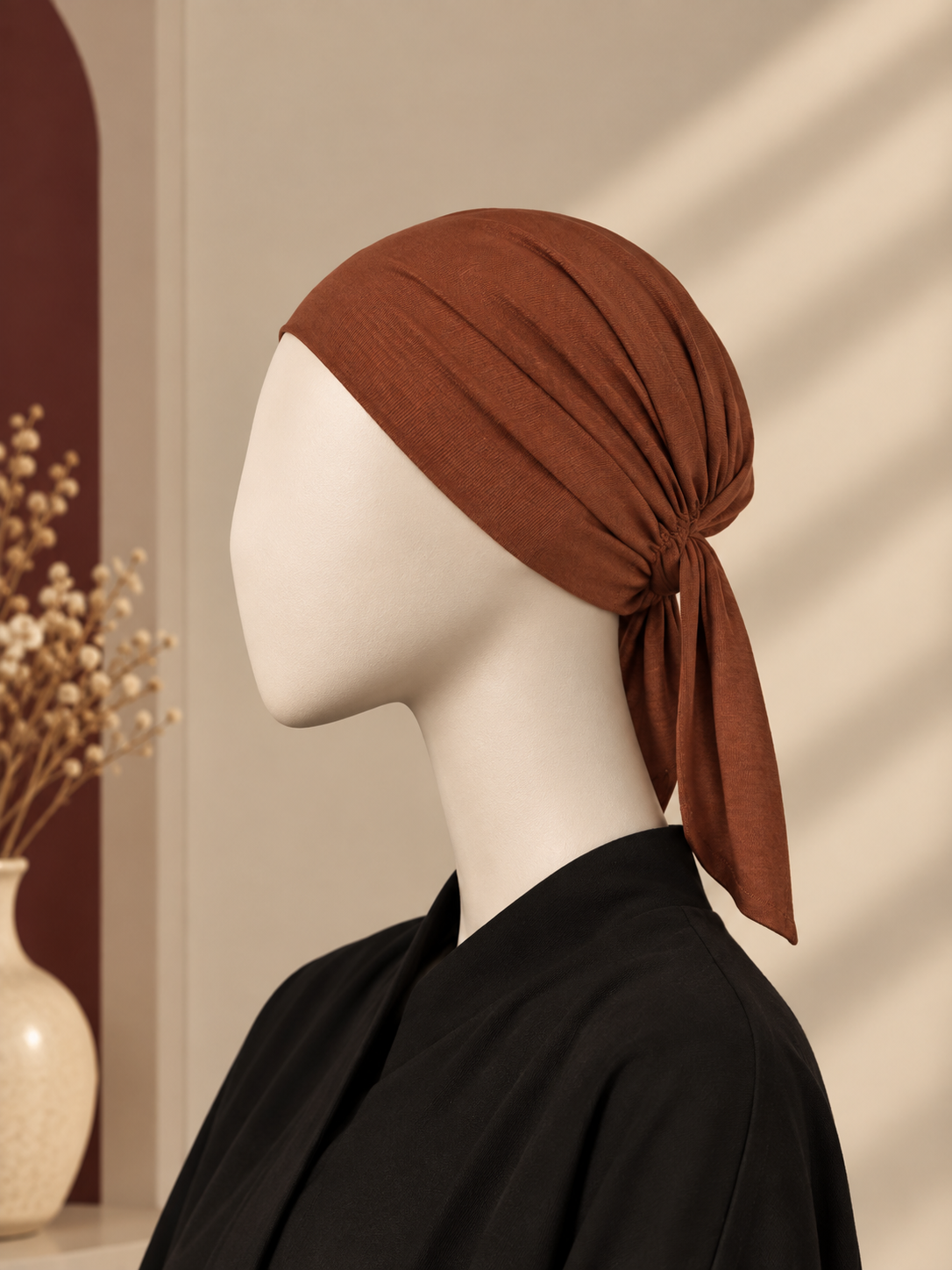 A rust-brown hijab cap tied in a knot on a white mannequin head, styled with a black top against a warm beige background with soft window shadow patterns.