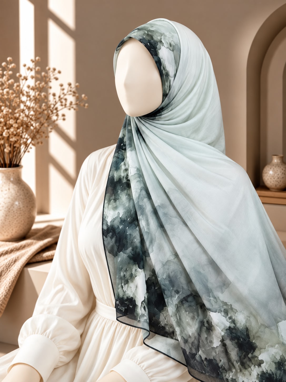 A draped hijab with a watercolor-style abstract print in shades of light blue, gray, and black, styled on a mannequin wearing a white dress in a warm, sunlit interior setting.