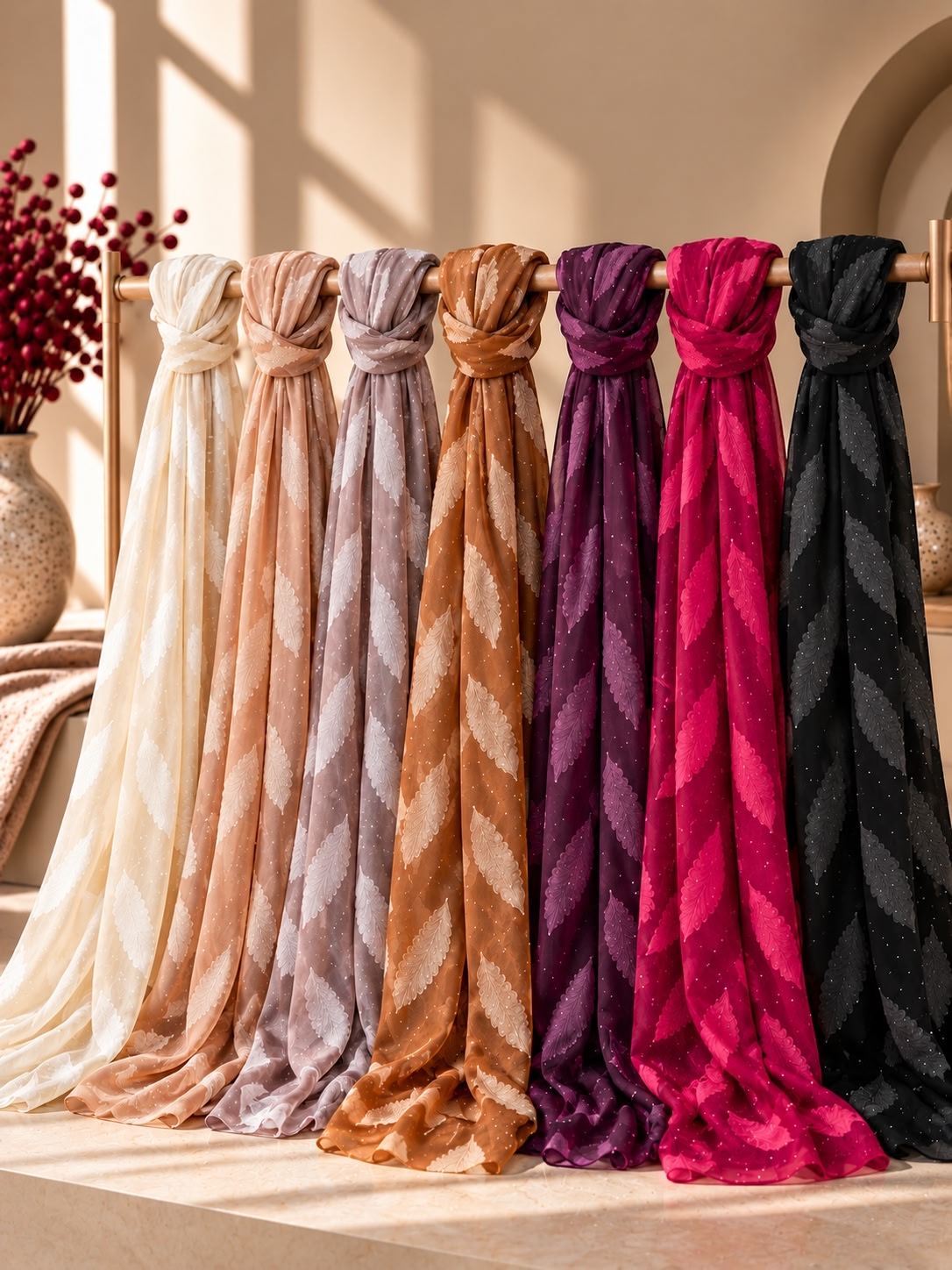 Seven patterned hijabs in cream, blush, taupe, camel, plum, magenta, and black are draped over a wooden rack in a warm, sunlit interior setting.