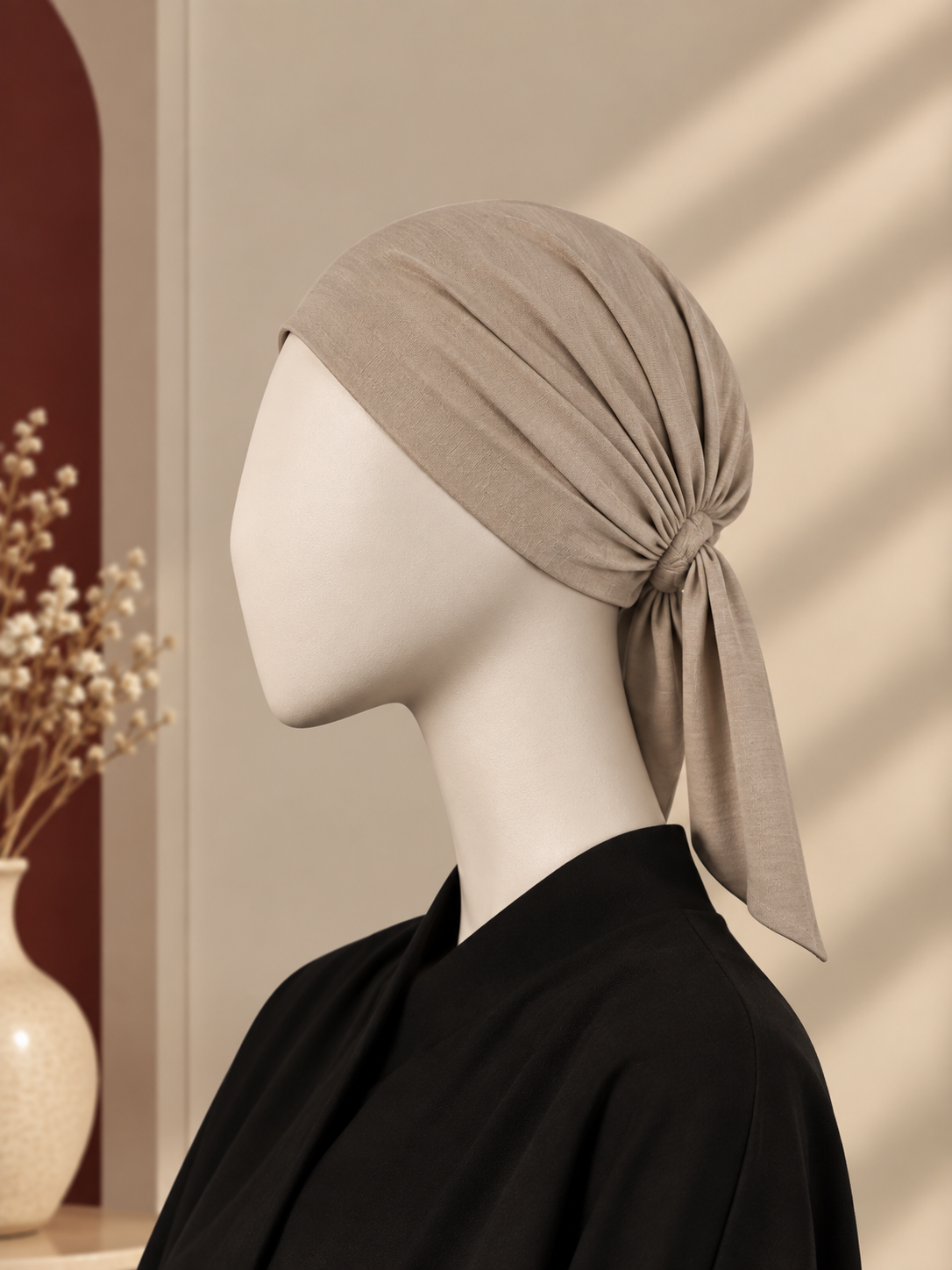 A light taupe knotted hijab cap displayed on a white mannequin head, styled with a black top against a warm beige background with soft window shadow patterns.