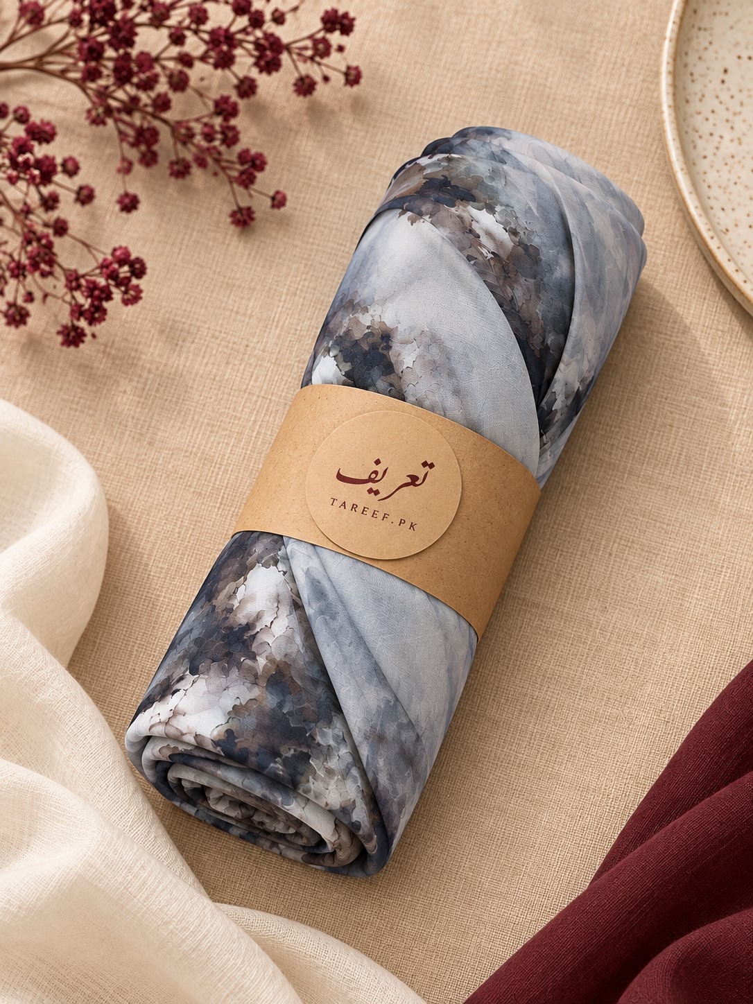 A mannequin wearing a large light blue-gray hijab with a dark navy watercolor-style print, posed in a warm beige interior with dried flowers and soft window light.