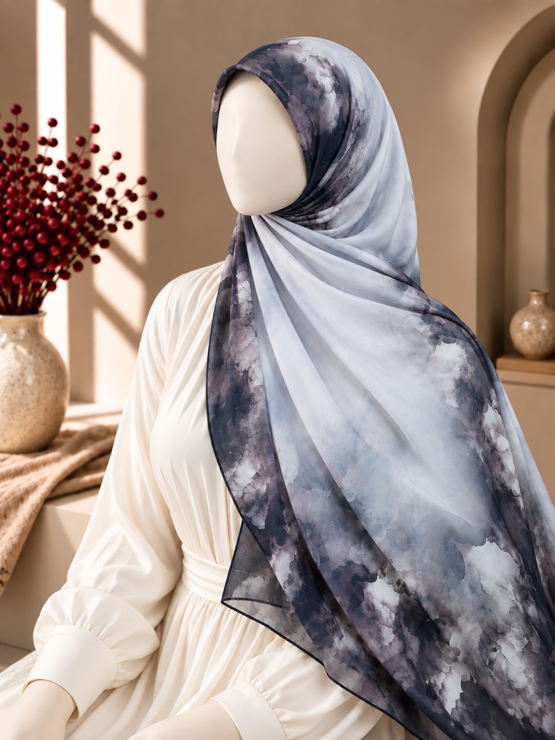A lightweight square hijab with a cloudy watercolor print in shades of navy, gray, and white, styled on a mannequin wearing a cream-colored dress in a warm, sunlit interior setting.