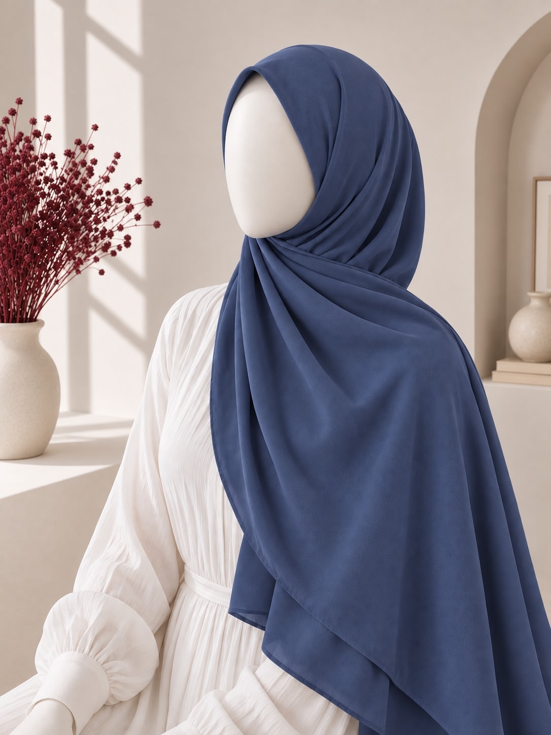 A navy blue hijab draped elegantly on a white mannequin wearing a white dress, set in a bright, modern interior with warm sunlight and a vase of red dried flowers.