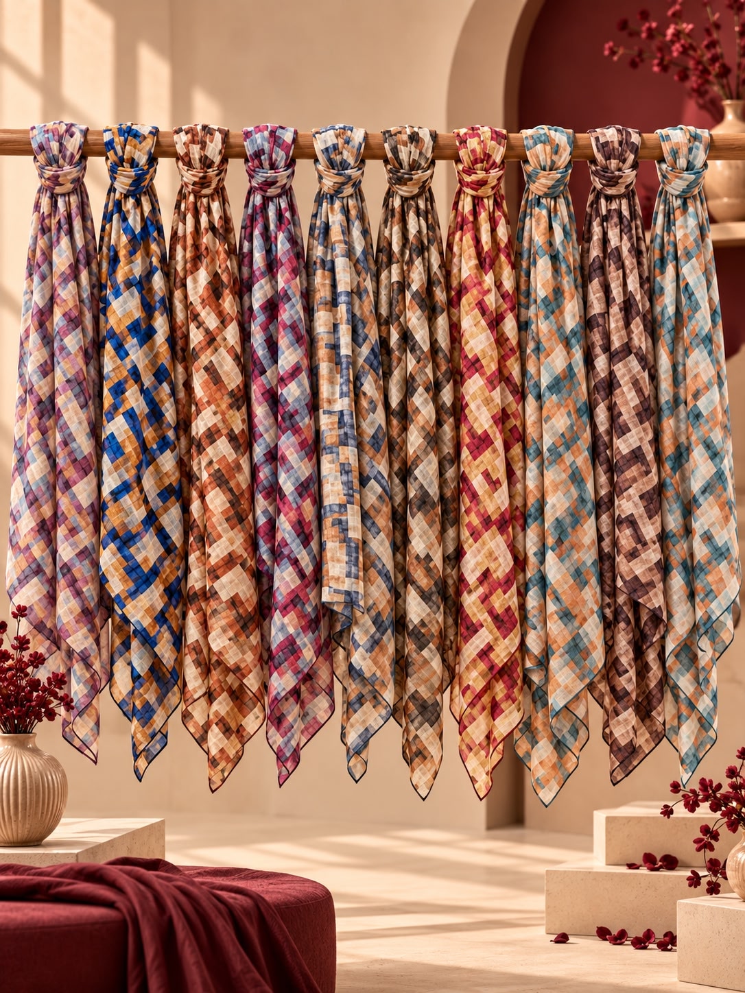 Ten patterned silk hijabs in various colors are draped and tied in a row on a wooden rod in a warm, sunlit interior setting.