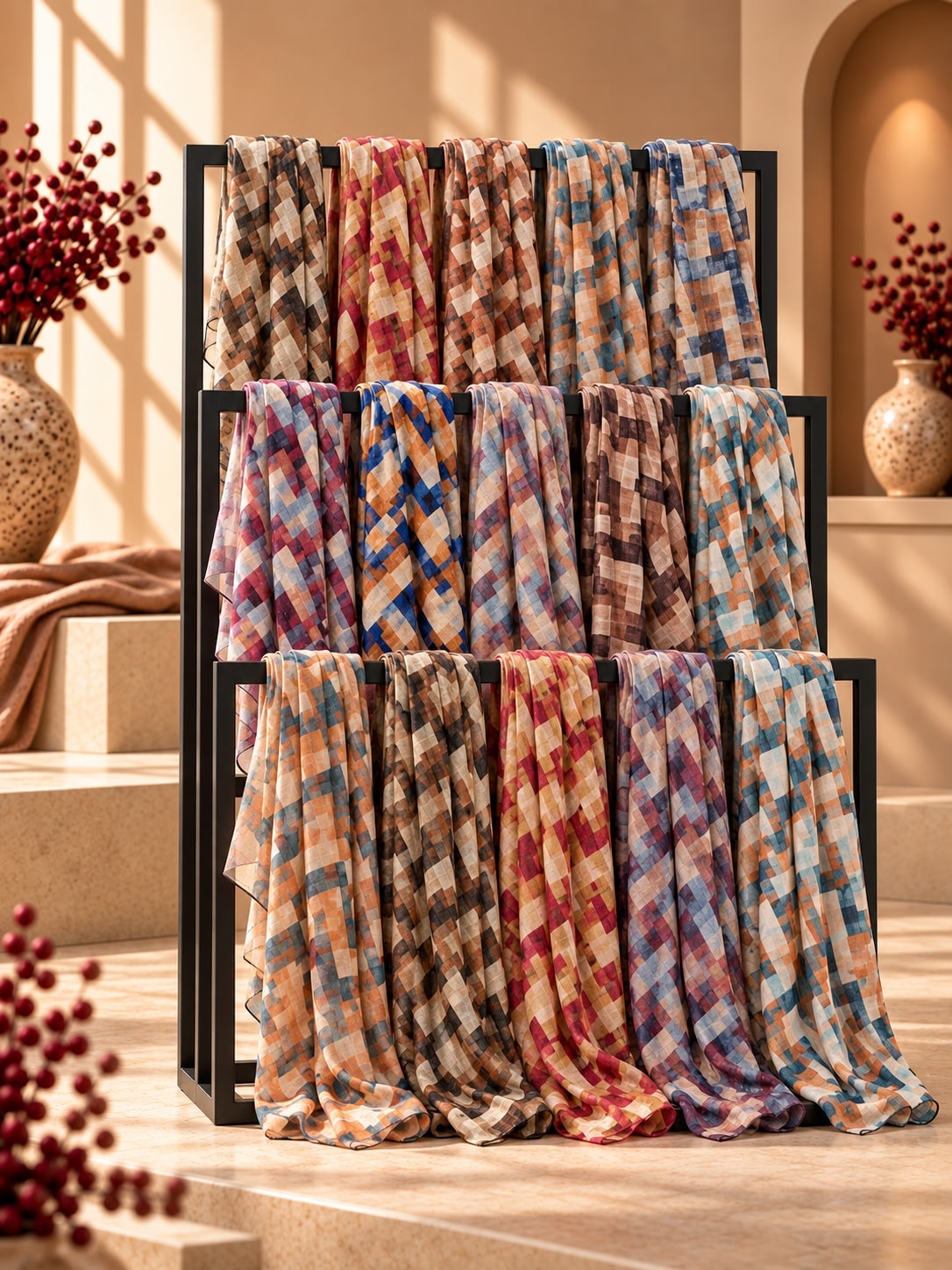 A black metal multi-tiered display rack draped with multiple patterned hijabs in warm, earthy tones. The hijabs feature woven geometric and diamond-like patterns in beige, brown, blue, red, and orange.