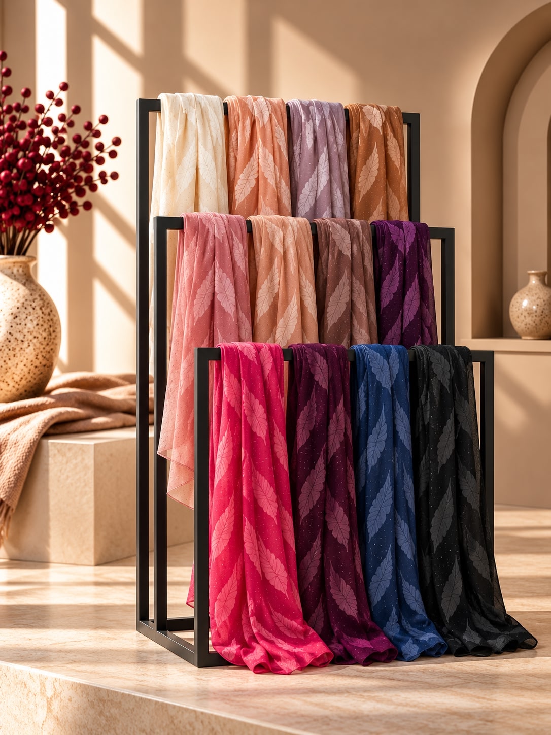 A black metal scarf display rack holding twelve patterned hijabs in cream, peach, lavender, dusty pink, magenta, purple, navy, and black, styled in a warm, sunlit interior with decorative vases and architectural arches.