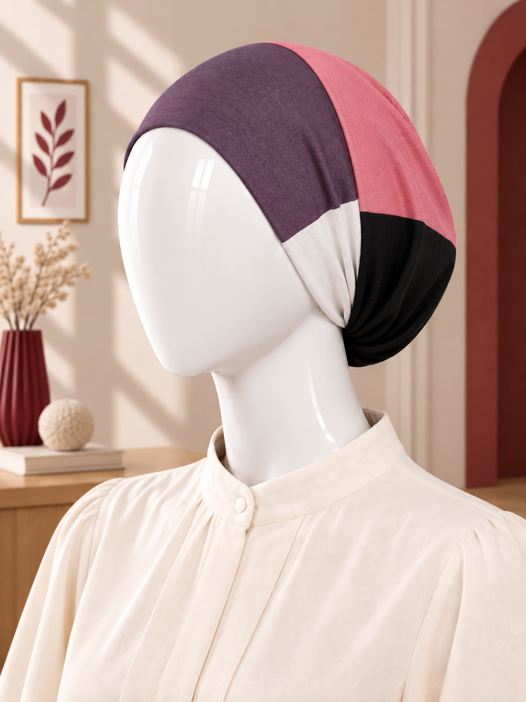 A four-color color-blocked hijab tube in purple, pink, and black, styled on a white mannequin head wearing a cream-colored blouse in a warm, softly lit indoor setting.