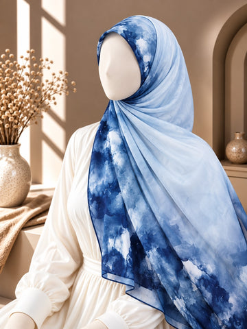 A light blue and navy watercolor-patterned hijab draped on a white dress form mannequin in a warm, sunlit interior setting.