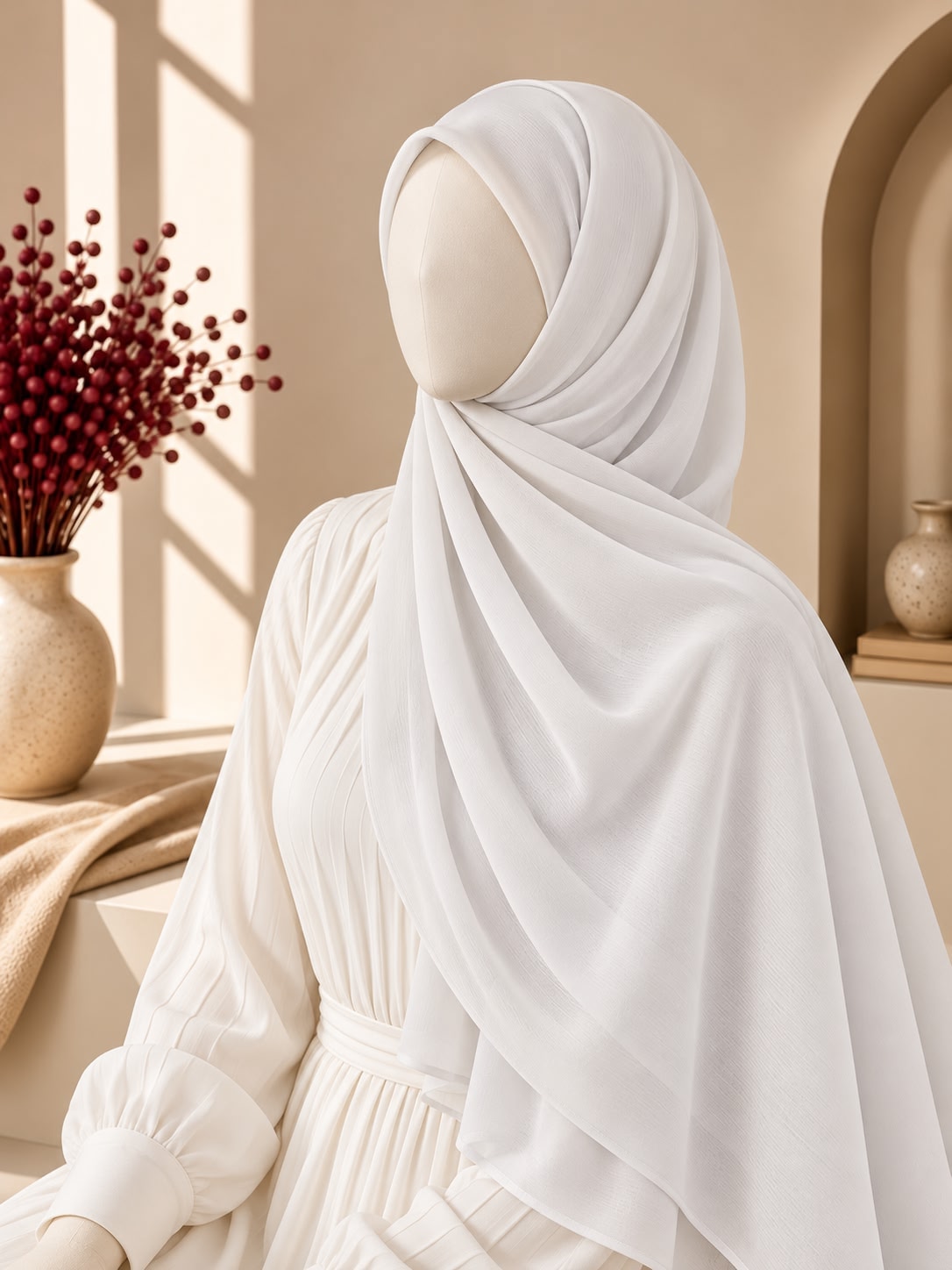 A white draped hijab and matching long-sleeve dress displayed on a mannequin in a warm, sunlit interior setting with beige walls, a window, and a vase of red berries.