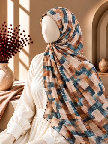 A patterned hijab draped over a mannequin wearing a cream dress, set in a warm, sunlit interior with decorative vases and architectural details.