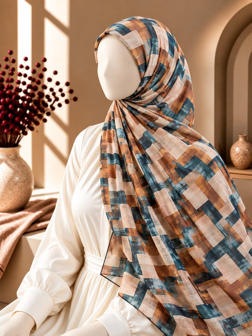 Geometric Printed Lawn Hijab – Zinc & Brown