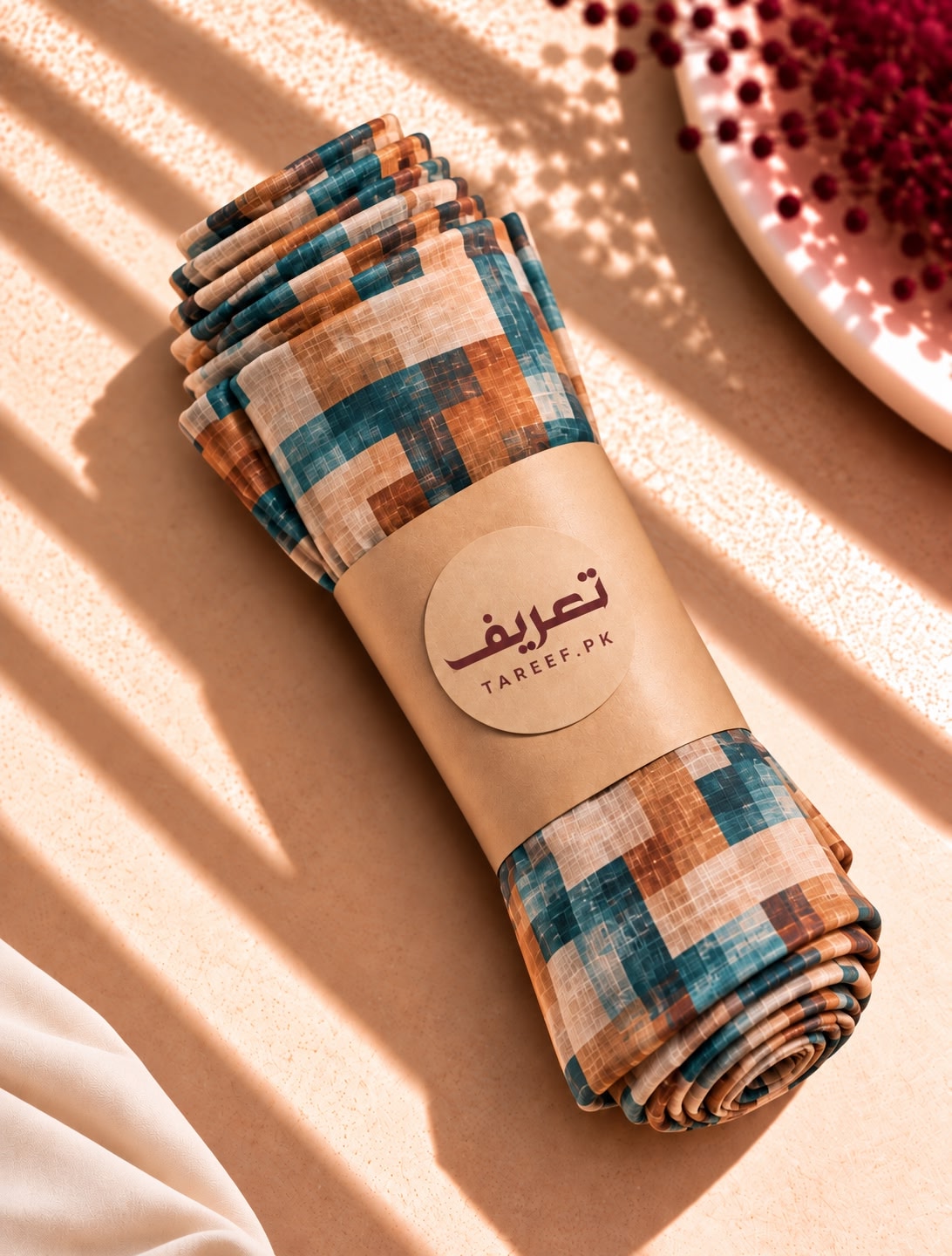 A patterned hijab draped over a mannequin wearing a cream dress, set in a warm, sunlit interior with decorative vases and architectural details.