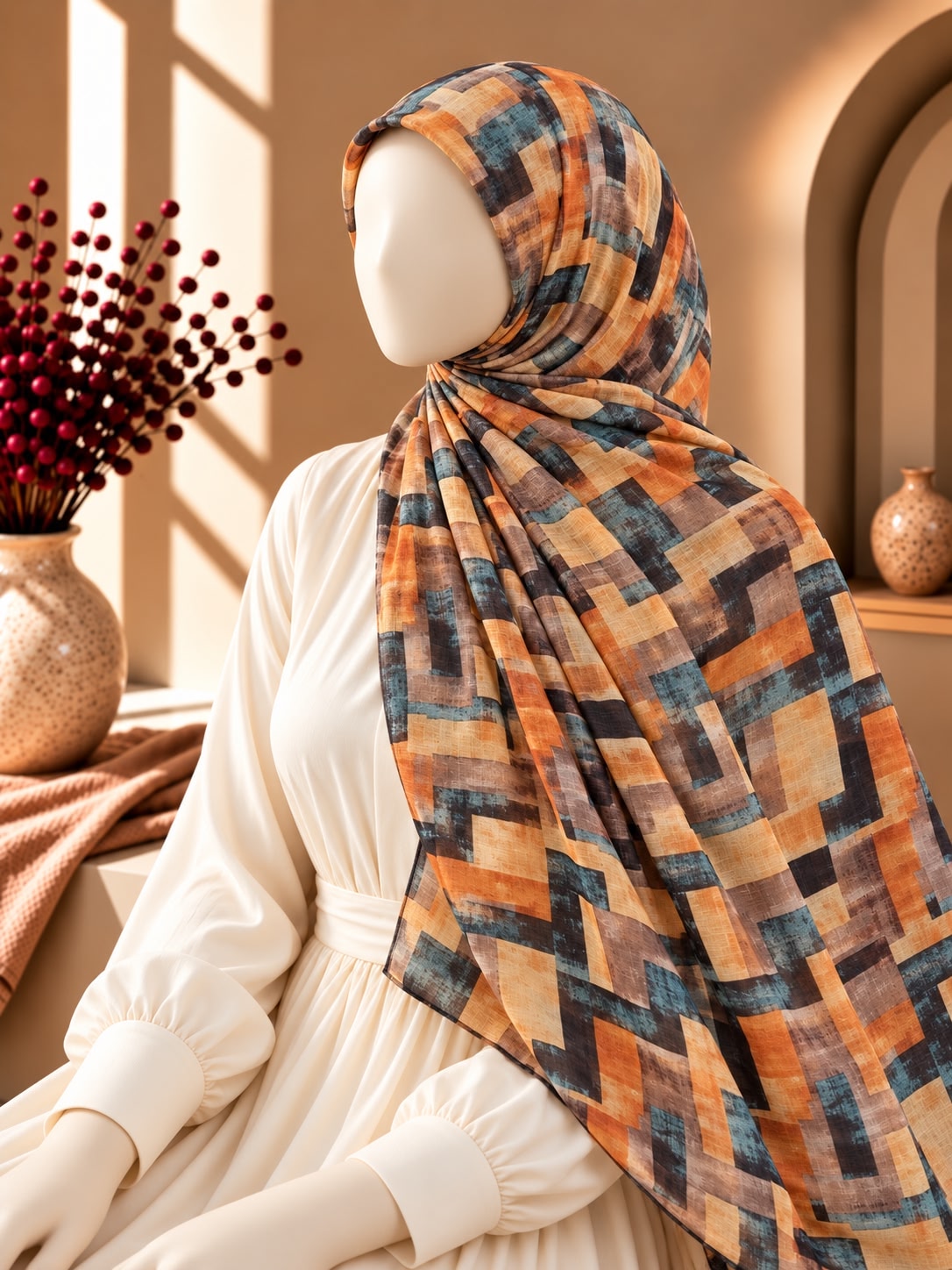 A mannequin wearing a cream-colored dress and a patterned hijab with a geometric maze-like design in orange, brown, and dark blue, set against a warm, sunlit interior background.