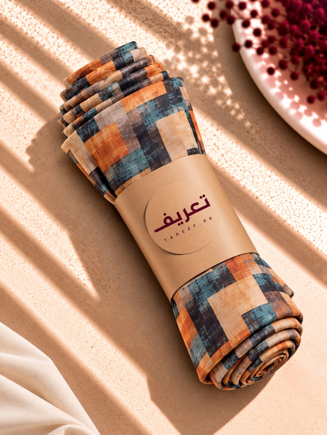 A rolled hijab with a geometric patchwork pattern in teal, orange, beige, and navy, wrapped in a kraft paper band with the brand name 'TAREEF' set on a textured beige surface with soft shadows.